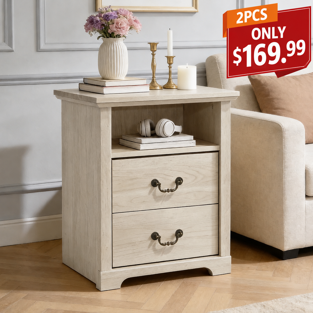 Rustic Open-Shelf Nightstand – Engineered Wood Bedside Table with Storage Cubby