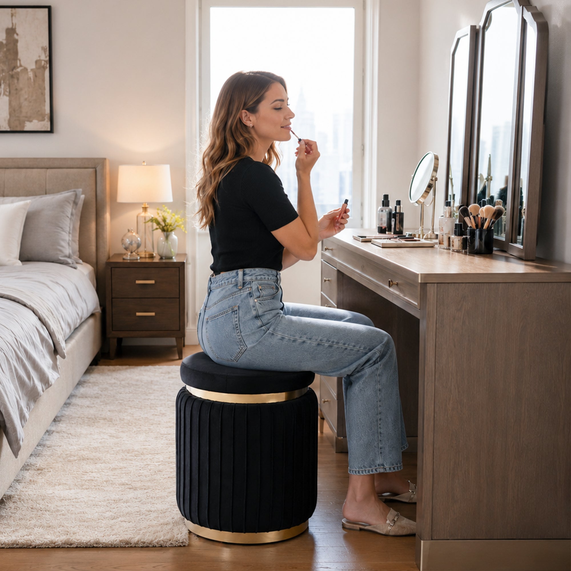 Contemporary Velvet Counter Stool with Gold Trim & Stainless Steel Base – Upholstered Modern Bar Stool