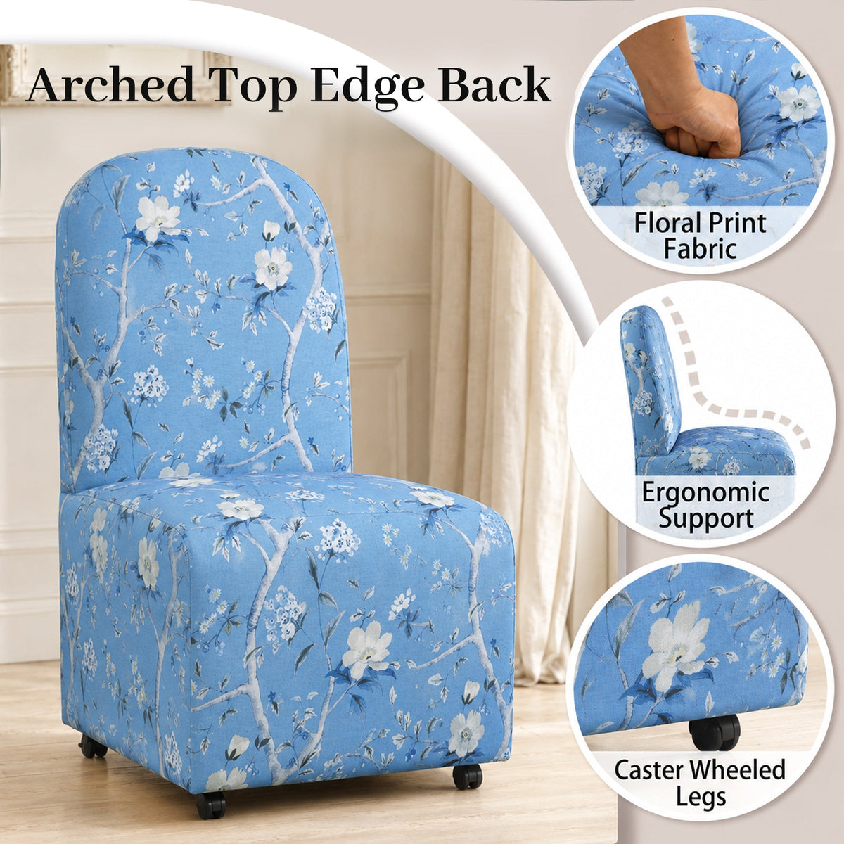 French Farmhouse Upholstered Dining Chair with Rounded Back, Caster Legs & Skirted Design