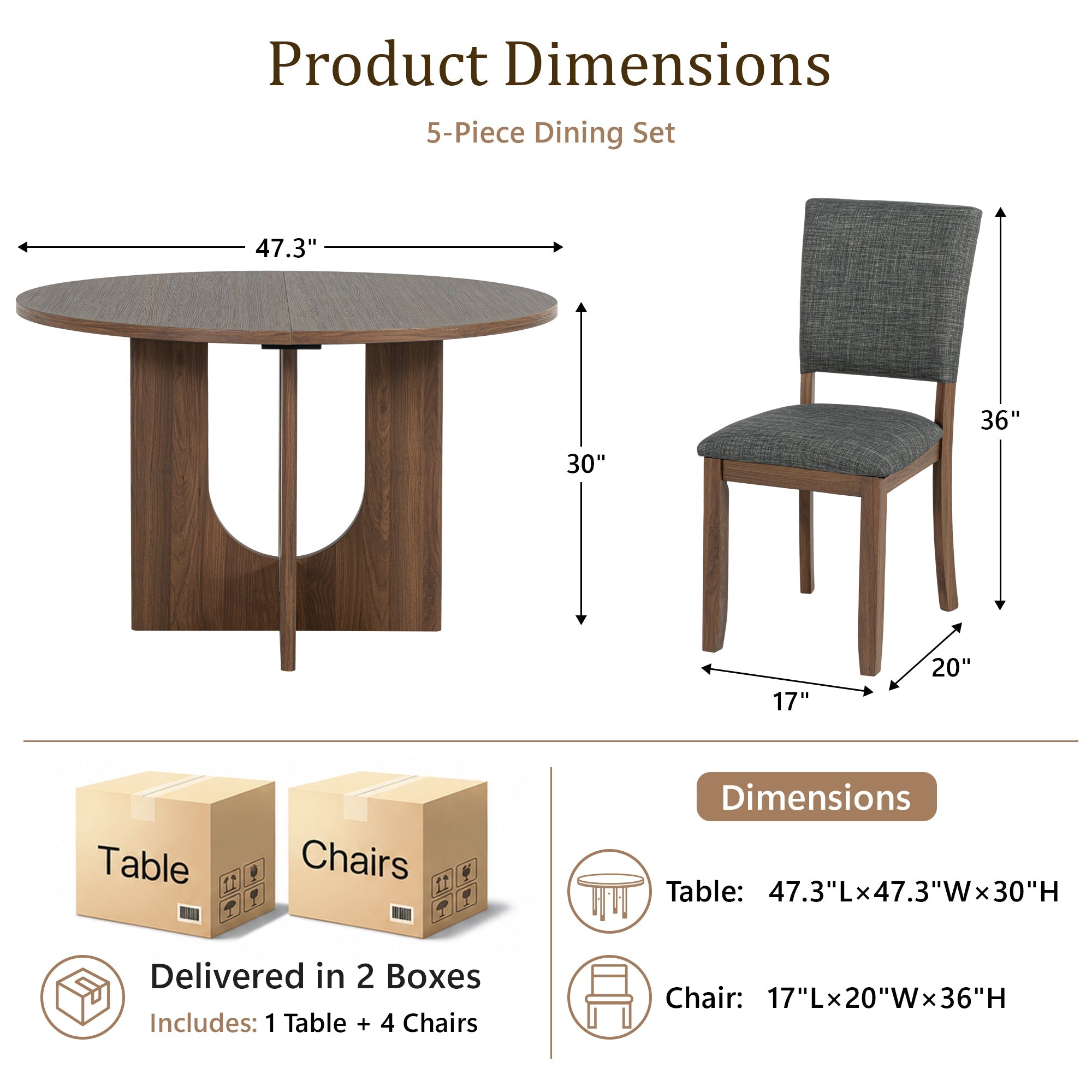 Modern 5-Piece Dining Table Set with 4 Upholstered Chairs – Round Table