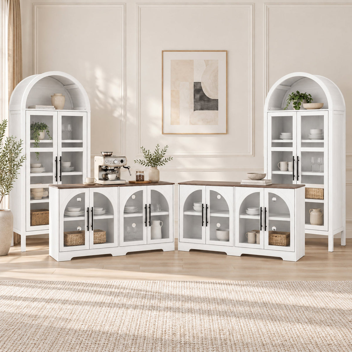 Rustic 4-Piece Arched TV Stand & Storage Cabinet Set – Two 55" Sideboard Buffet Cabinets & Two 72" Tall Display Cabinets with Glass Doors
