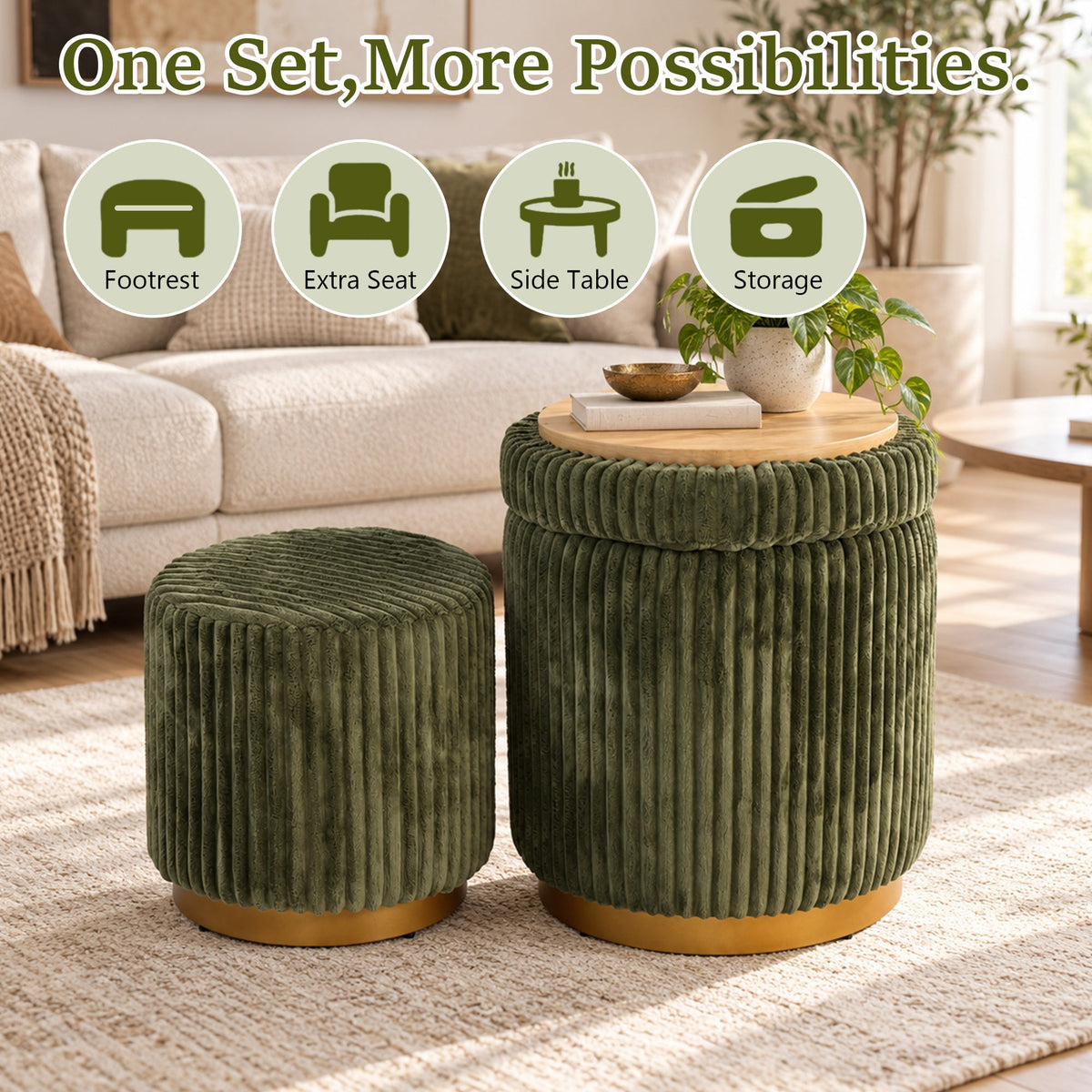 Nestable 2-Piece Storage Stool Set with 360° Swivel Base & Reversible Lid