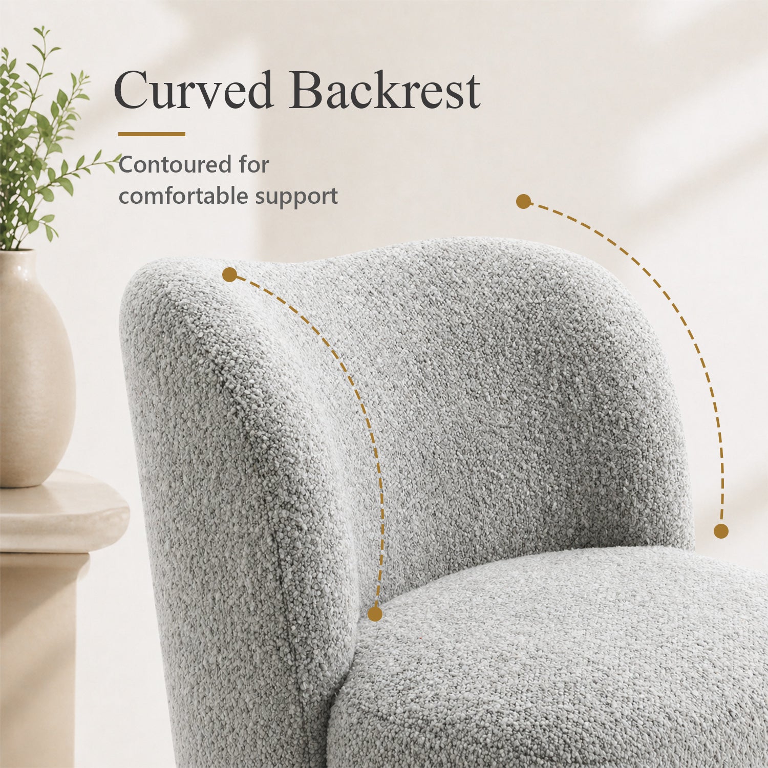 Contemporary Boucle Accent Chair – Sculptural Wood Ball Feet, Wide Seat