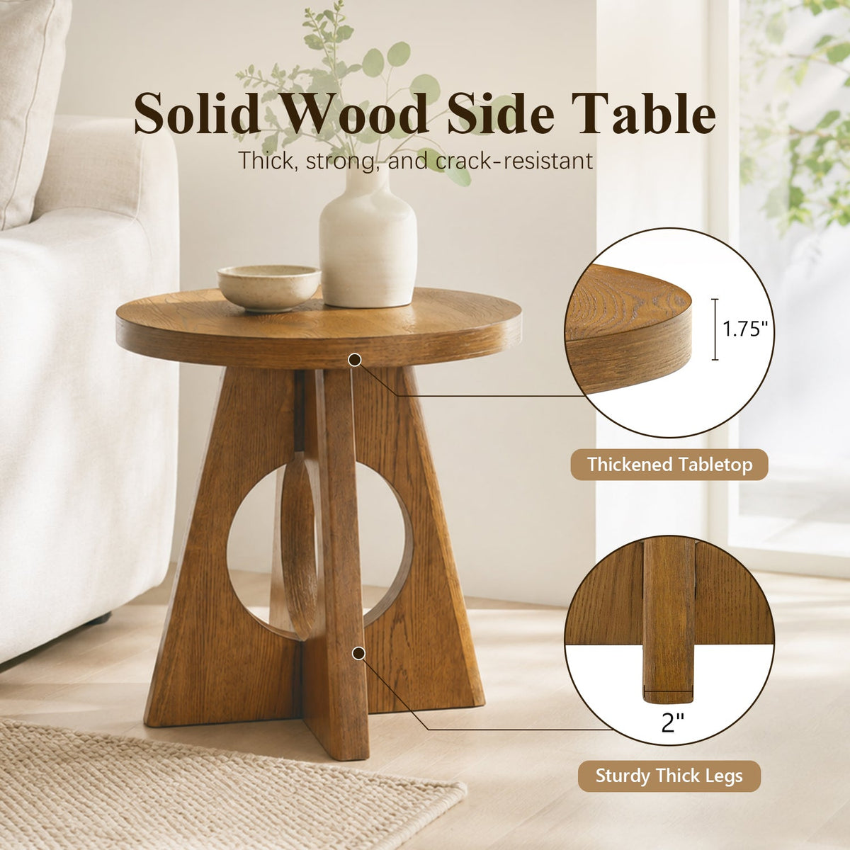 Contemporary Round End Table with Oak Veneer, Pedestal Base & Cross-Shaped Cutout Design