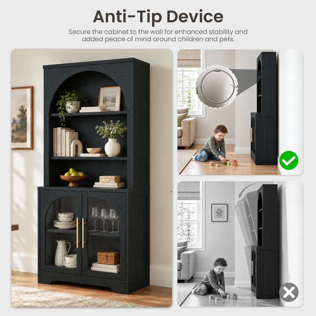 Arched Tempered Glass Door Storage Cabinet, 3-Tier Open Shelf Bookcase Display Cabinet