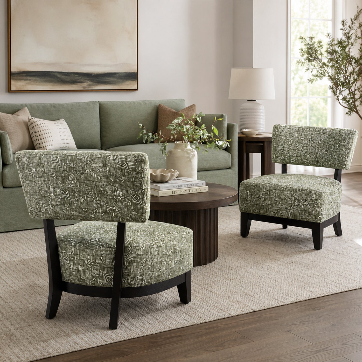 Mid-century Modern Accent Chair – Armless, Tapered Black Legs, Abstract Texture Fabric