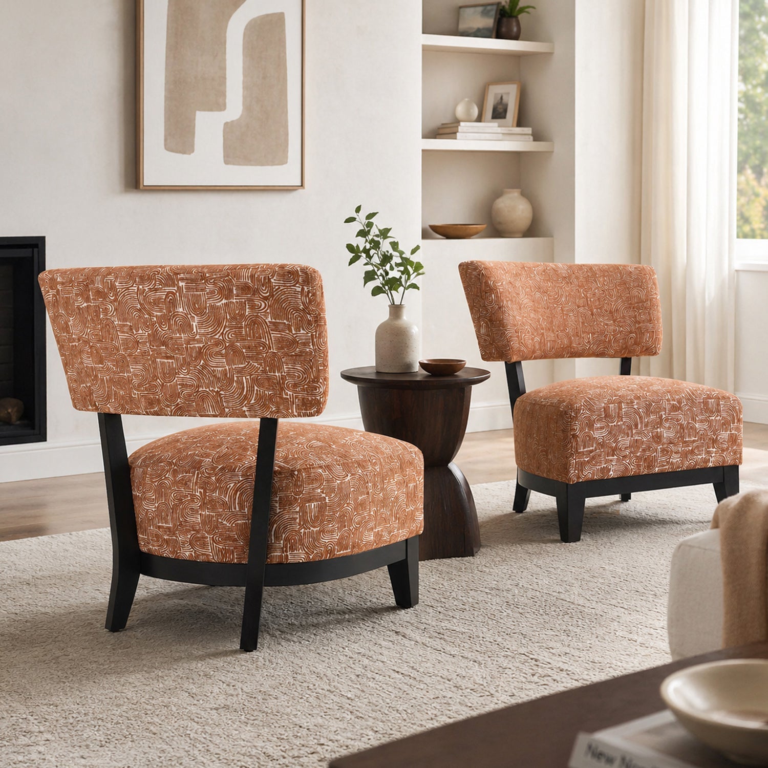 Mid-century Modern Accent Chair – Armless, Tapered Black Legs, Abstract Texture Fabric