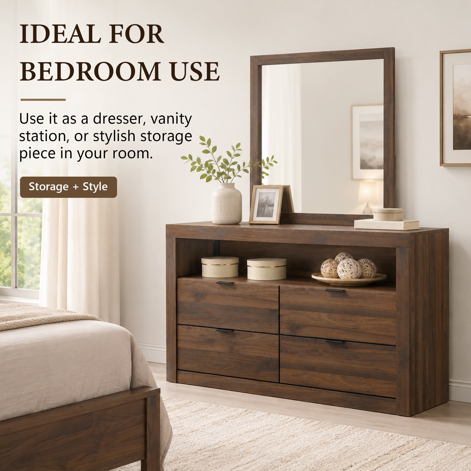 Contemporary Walnut Dresser with Optional Mirror, Finger Pull Drawers & Solid Wood Construction