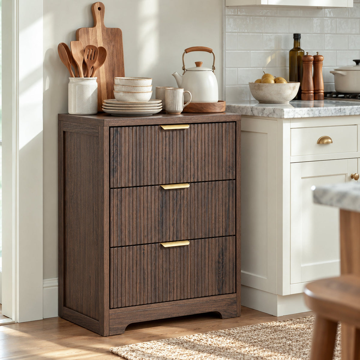 Fluted 3 Drawer Nightstand, Modern Wooden Storage Cabinet with Ribbed Drawer Fronts