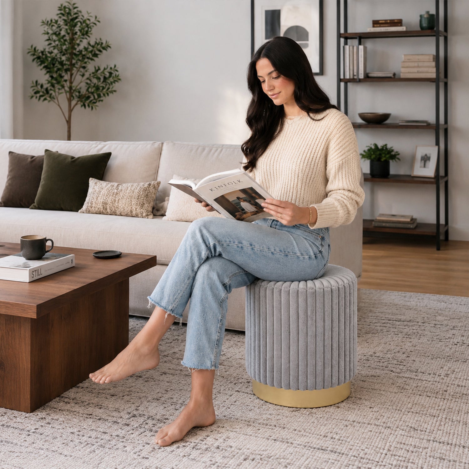 Contemporary Faux Fur Accent Stool with Gold Stainless Steel Base – Fully Assembled