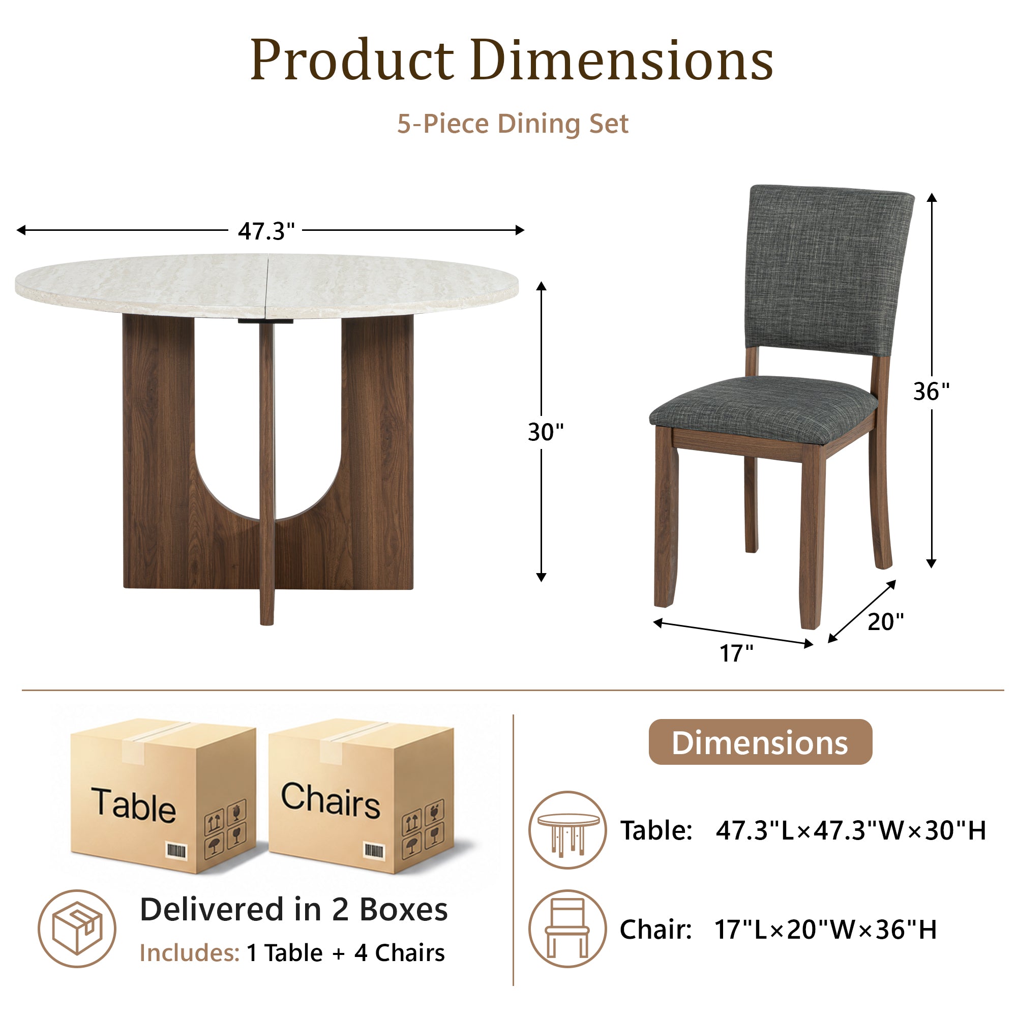 Modern 5-Piece Dining Table Set with 4 Upholstered Chairs – Round Table