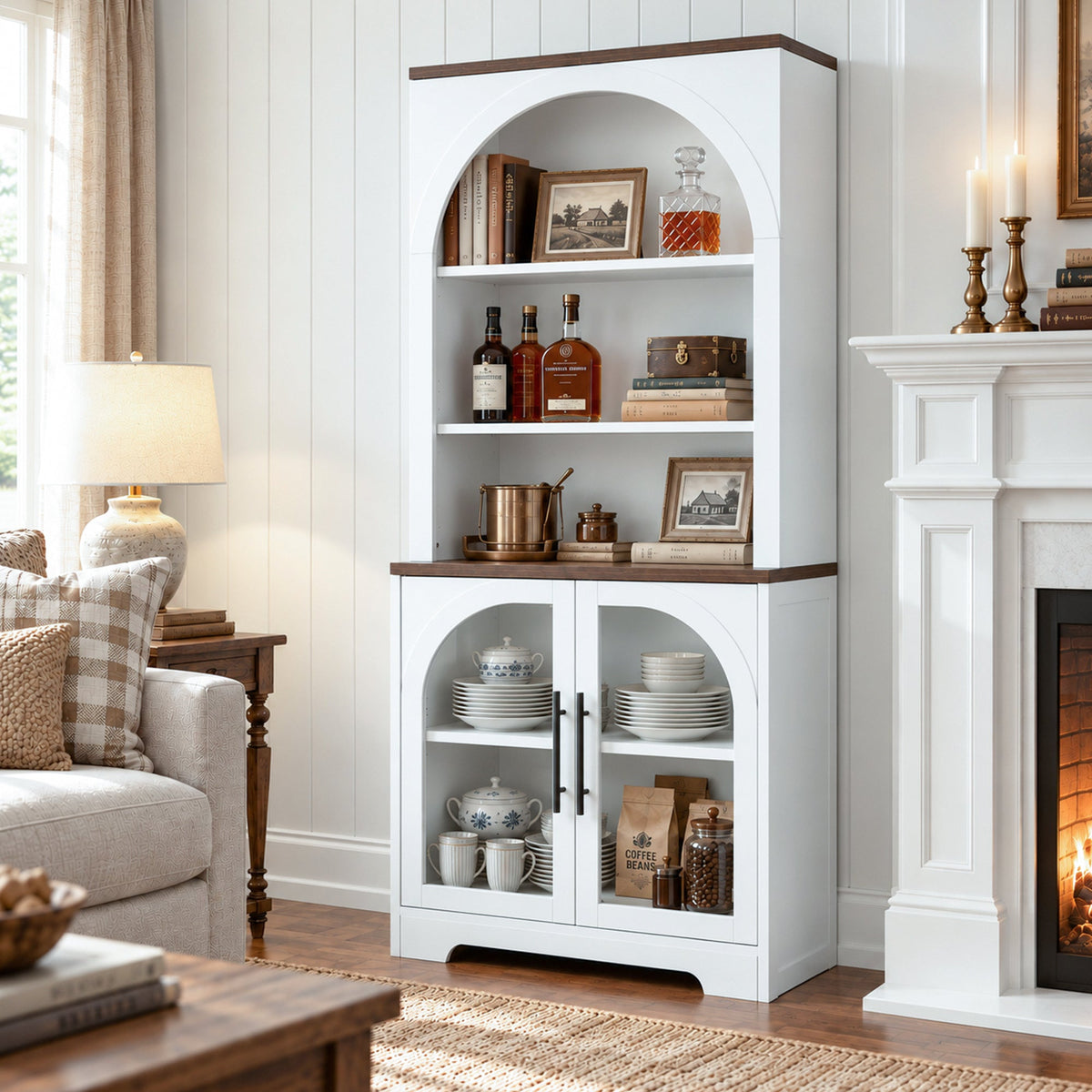 Arched Tempered Glass Door Storage Cabinet, 3-Tier Open Shelf Bookcase Display Cabinet