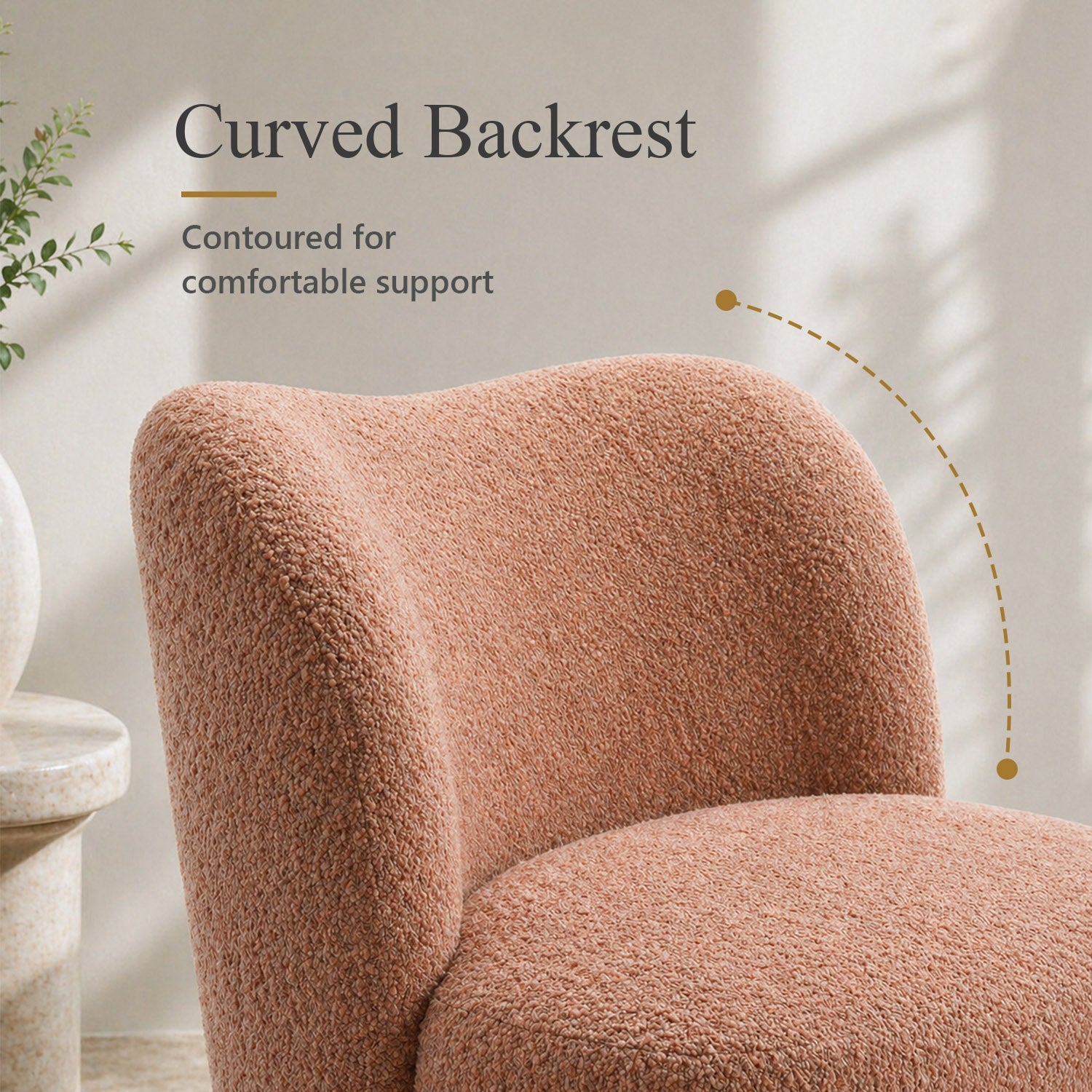 Contemporary Boucle Accent Chair – Sculptural Wood Ball Feet, Wide Seat
