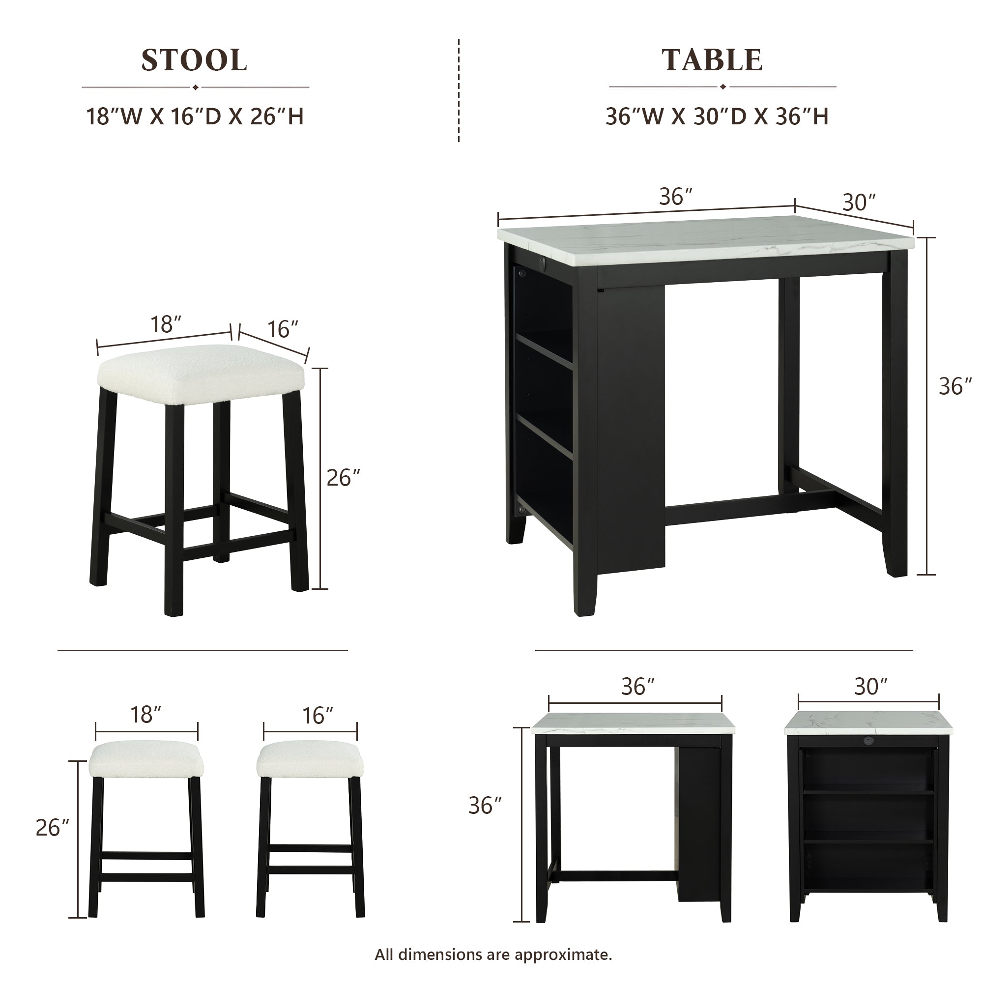 3-Piece Dining Set with USB Charging, Storage Shelves & Boucle Stools, High Gloss Kitchen Table for Small Spaces