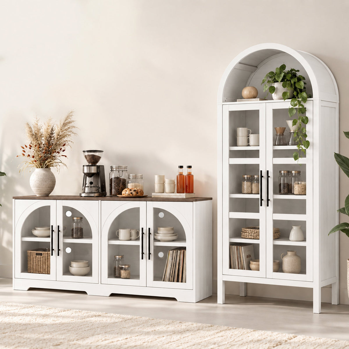 Rustic 2-Piece Arched TV Stand & Storage Cabinet Set – 55" Sideboard Buffet Cabinet & 72" Tall Display Cabinet with Glass Doors