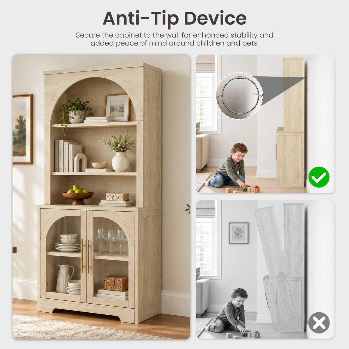 Arched Tempered Glass Door Storage Cabinet, 3-Tier Open Shelf Bookcase Display Cabinet