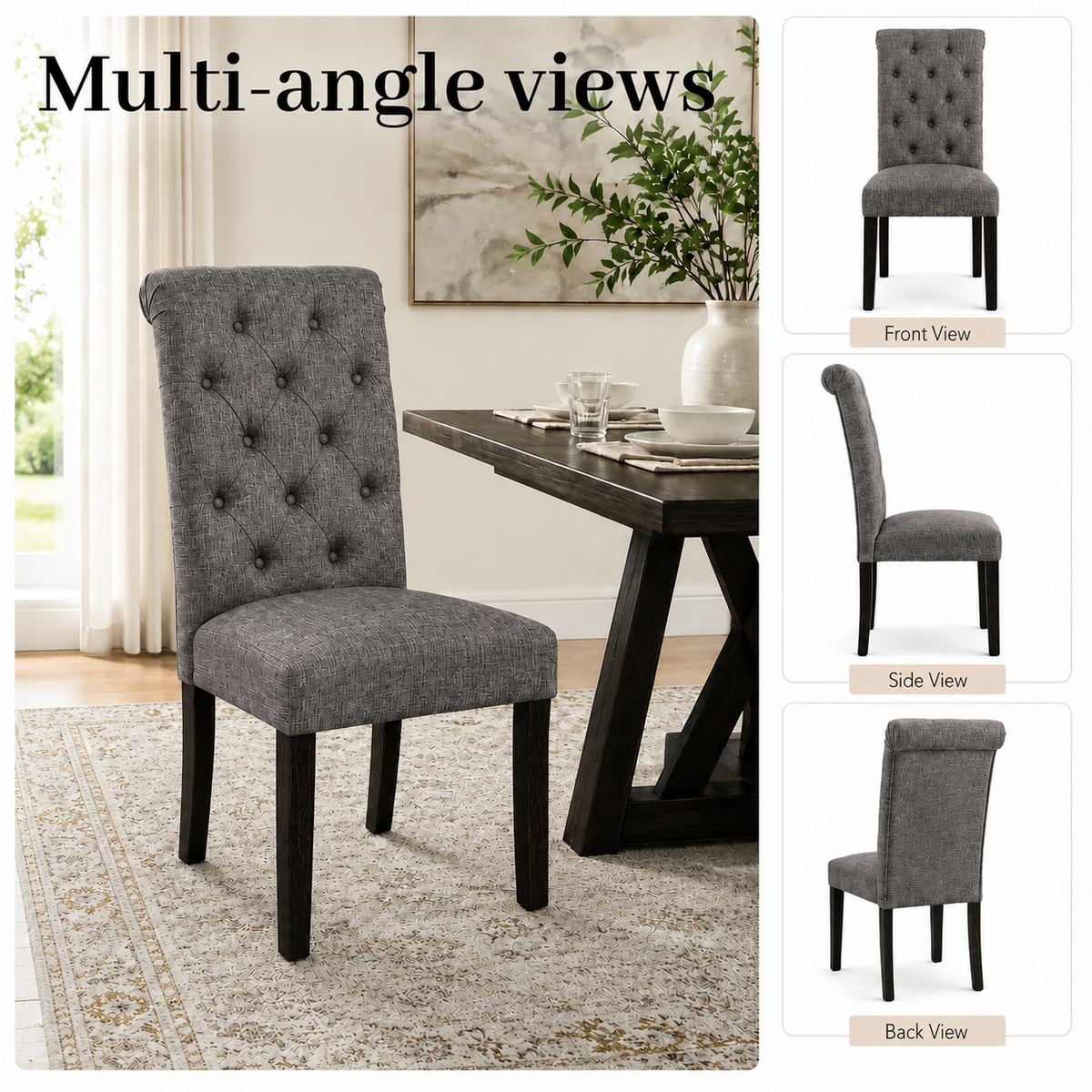Rustic Upholstered Dining Chair with Button-Tufted Scroll Back