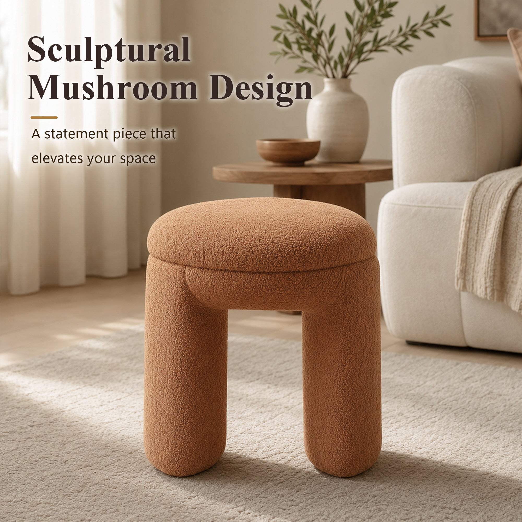 Contemporary Teddy Bouclé Accent Stool with Solid Wood Frame – Fully Assembled