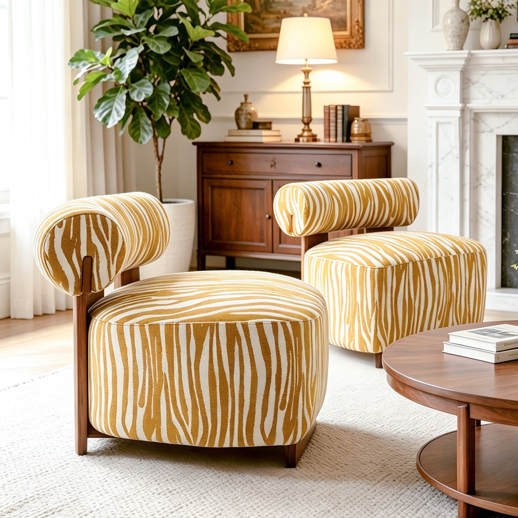 Contemporary Zebra-Stripe Chenille Accent Chair – Sculptural Cylindrical Backrest