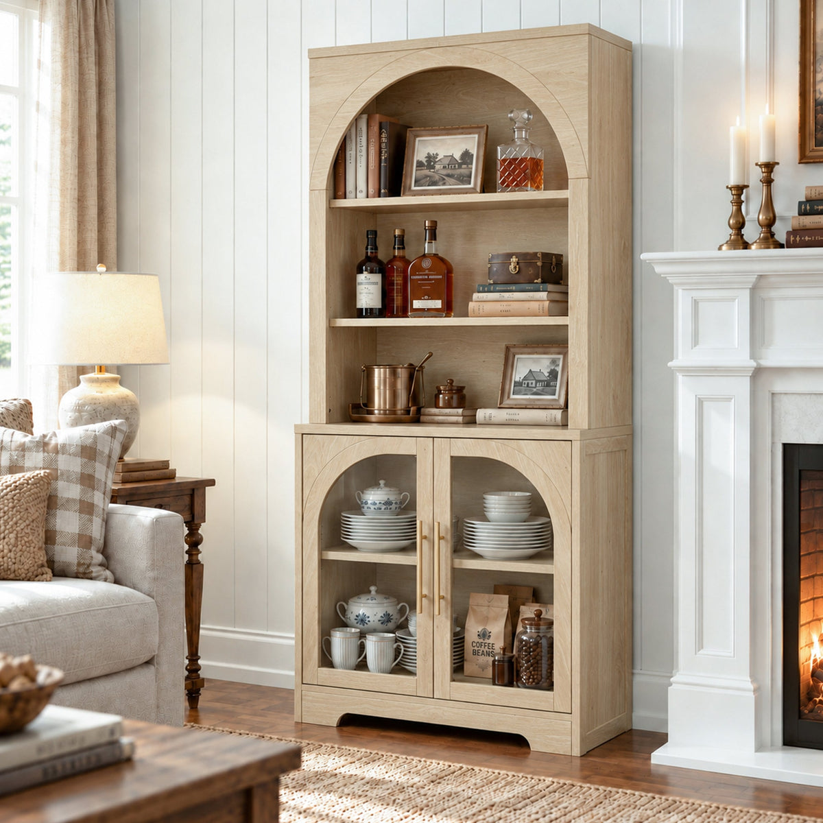 Arched Tempered Glass Door Storage Cabinet, 3-Tier Open Shelf Bookcase Display Cabinet