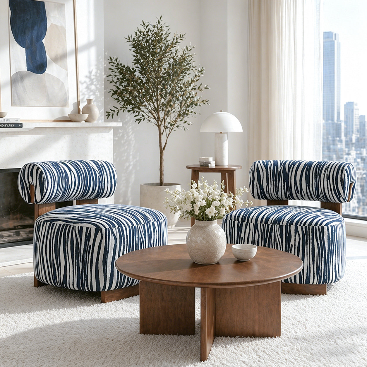 Contemporary Zebra-Stripe Chenille Accent Chair – Sculptural Cylindrical Backrest
