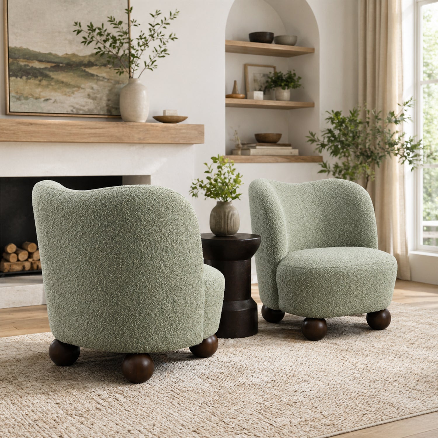 Contemporary Boucle Accent Chair – Sculptural Wood Ball Feet, Wide Seat