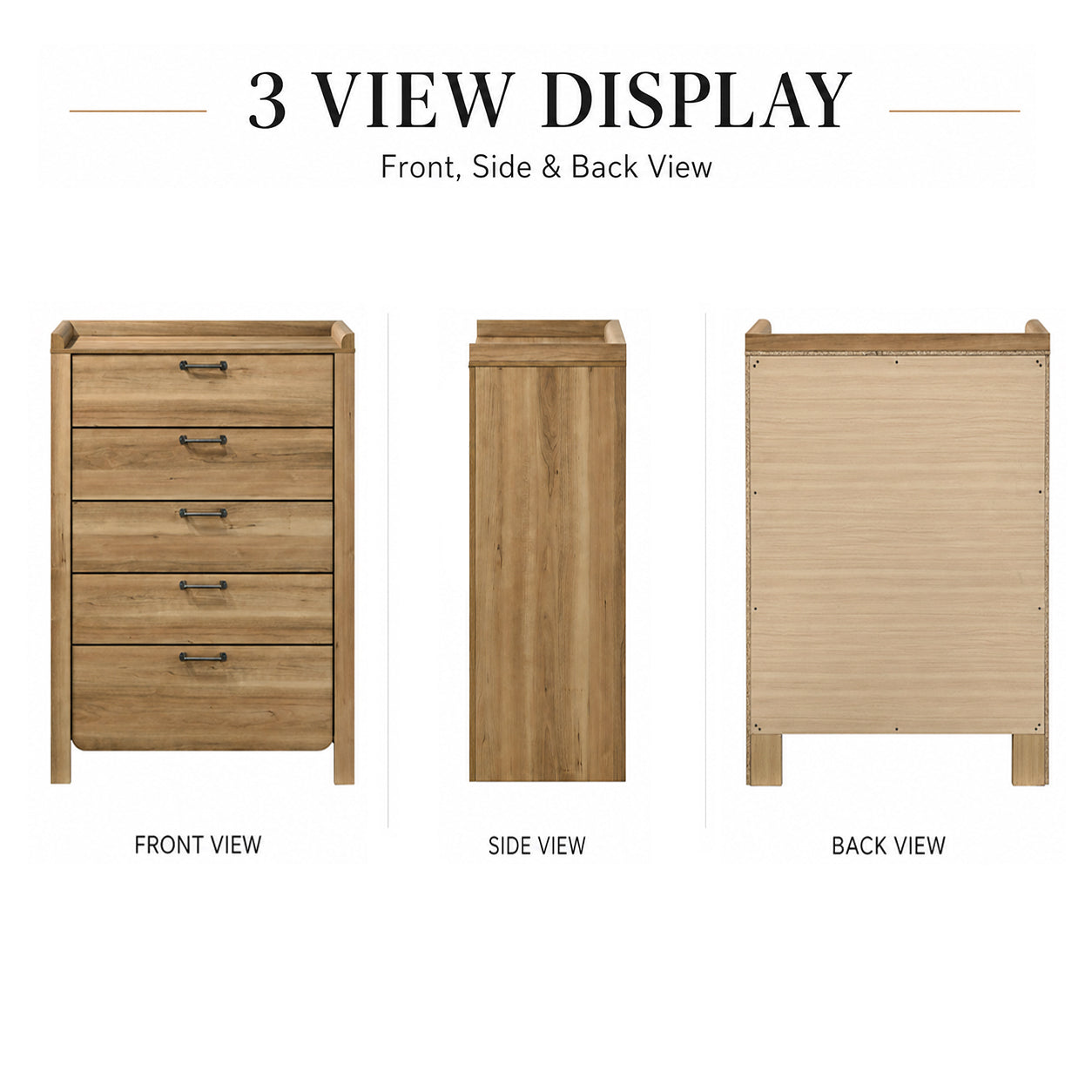 Transitional Natural Wood 5-Drawer Chest with Raised Edge Top & Curved Drawer Front – Fully Assembled