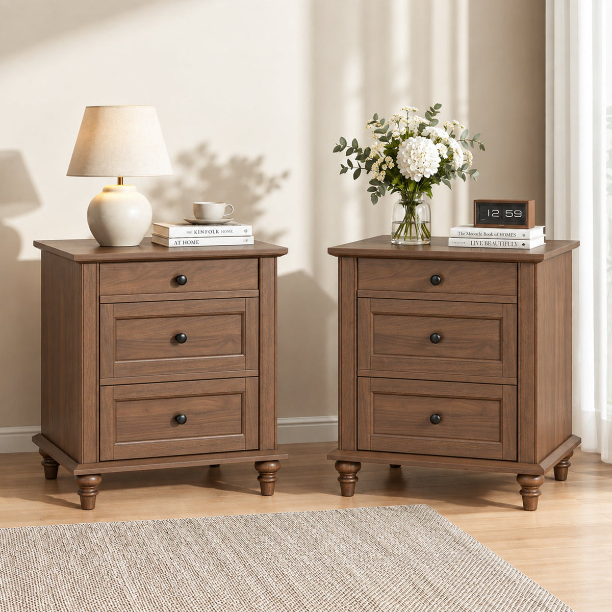 Traditional 3-Drawer Nightstand with Solid Wood Legs, Quick Assembly
