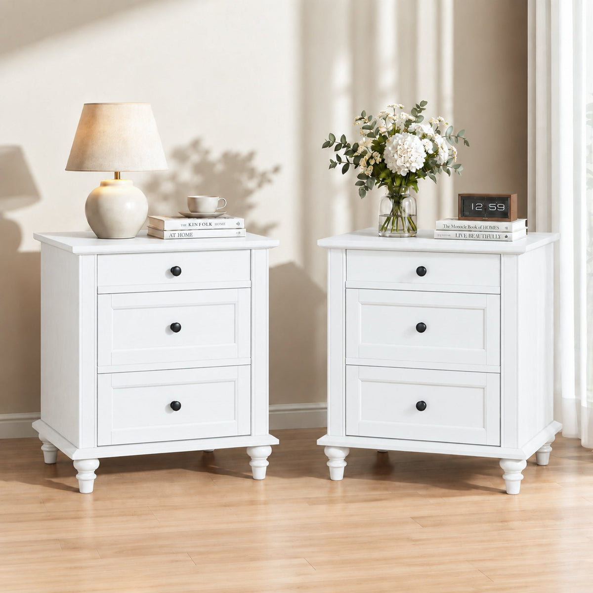Traditional 3-Drawer Nightstand with Solid Wood Legs, Quick Assembly