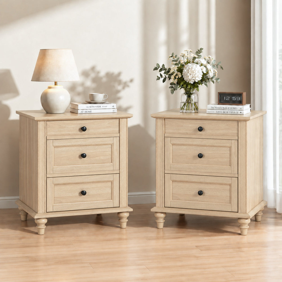 Traditional 3-Drawer Nightstand with Solid Wood Legs, Quick Assembly