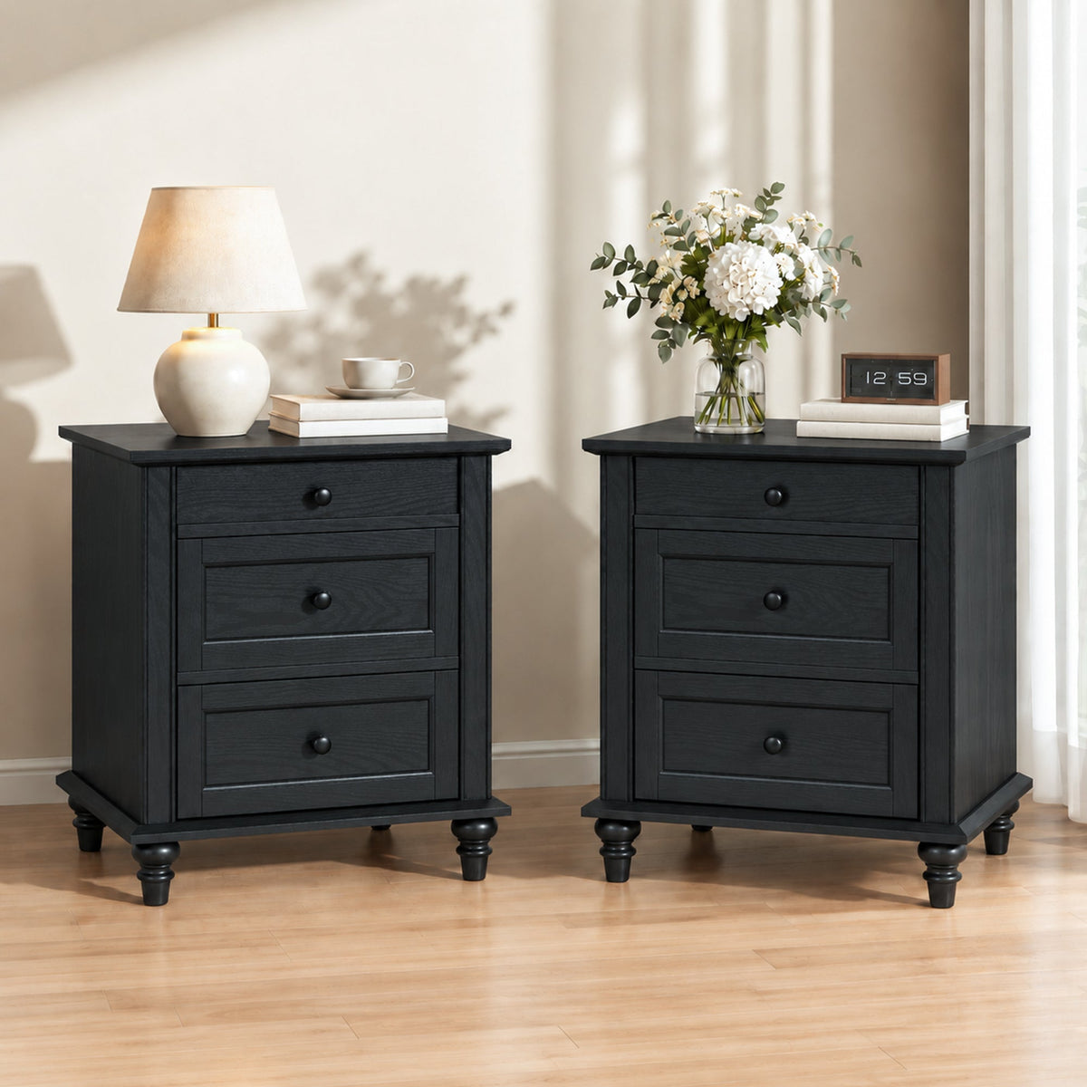 Traditional 3-Drawer Nightstand with Solid Wood Legs, Quick Assembly