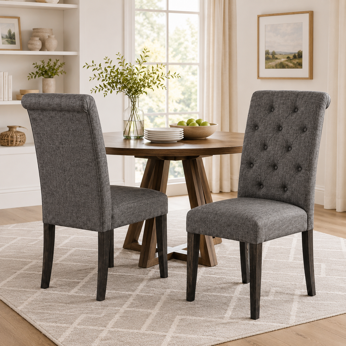 Rustic Upholstered Dining Chair with Button-Tufted Scroll Back
