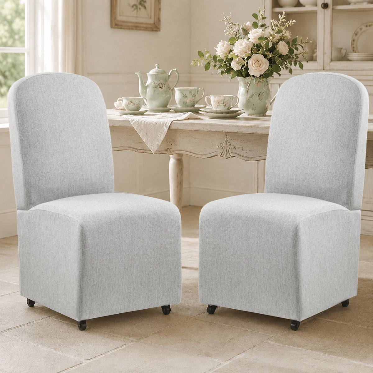 French Farmhouse Upholstered Dining Chair with Rounded Back, Caster Legs & Skirted Design
