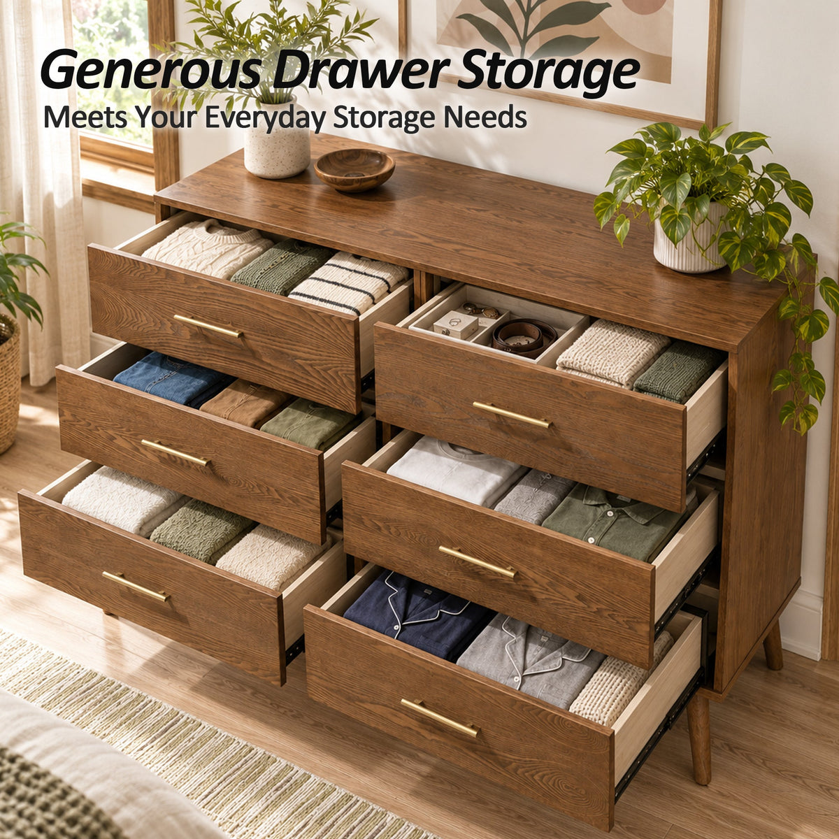 Mid-Century Modern 6-Drawer Dresser in Walnut with Optional Mirror