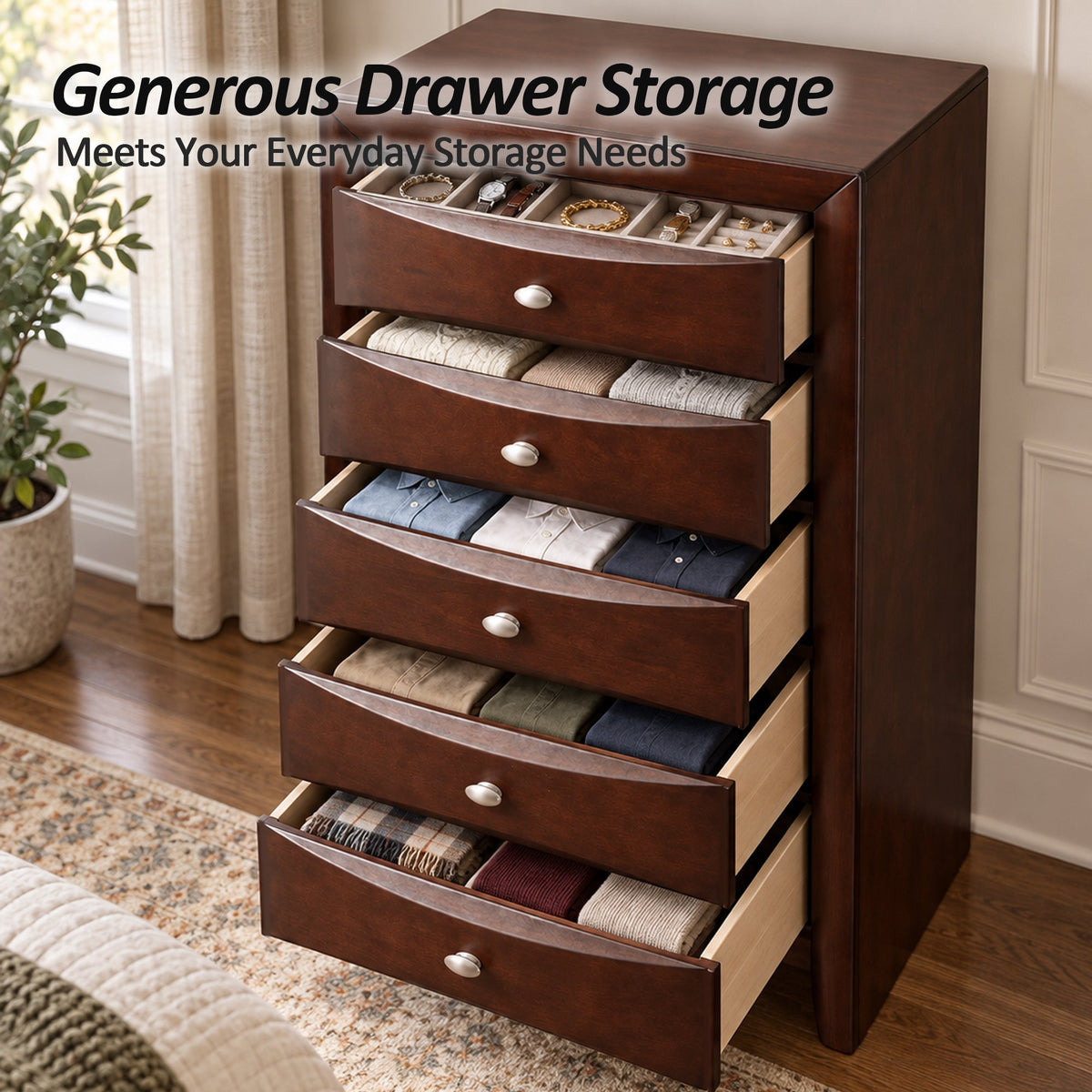 Transitional 5-Drawer Chest with Solid Wood Construction – No Assembly Required