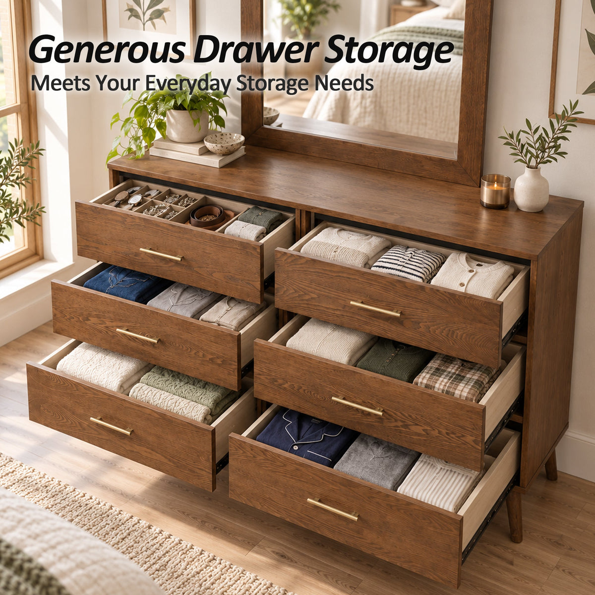 Mid-Century Modern 6-Drawer Dresser in Walnut with Optional Mirror