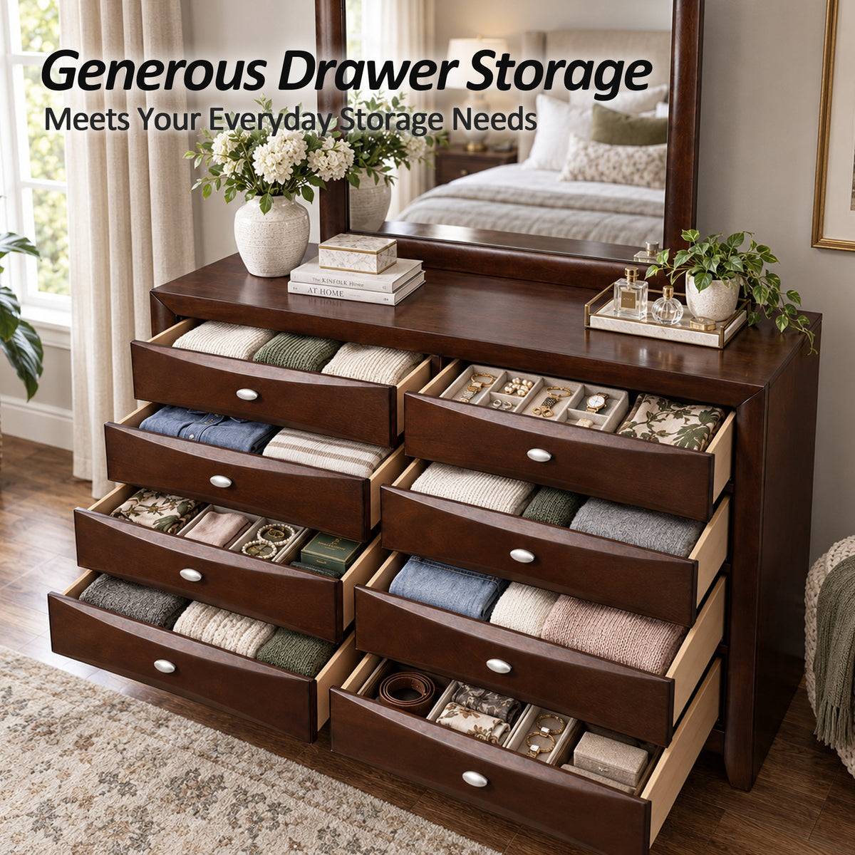 Transitional 8-Drawer Dresser with Solid Wood Construction – Optional Mirror