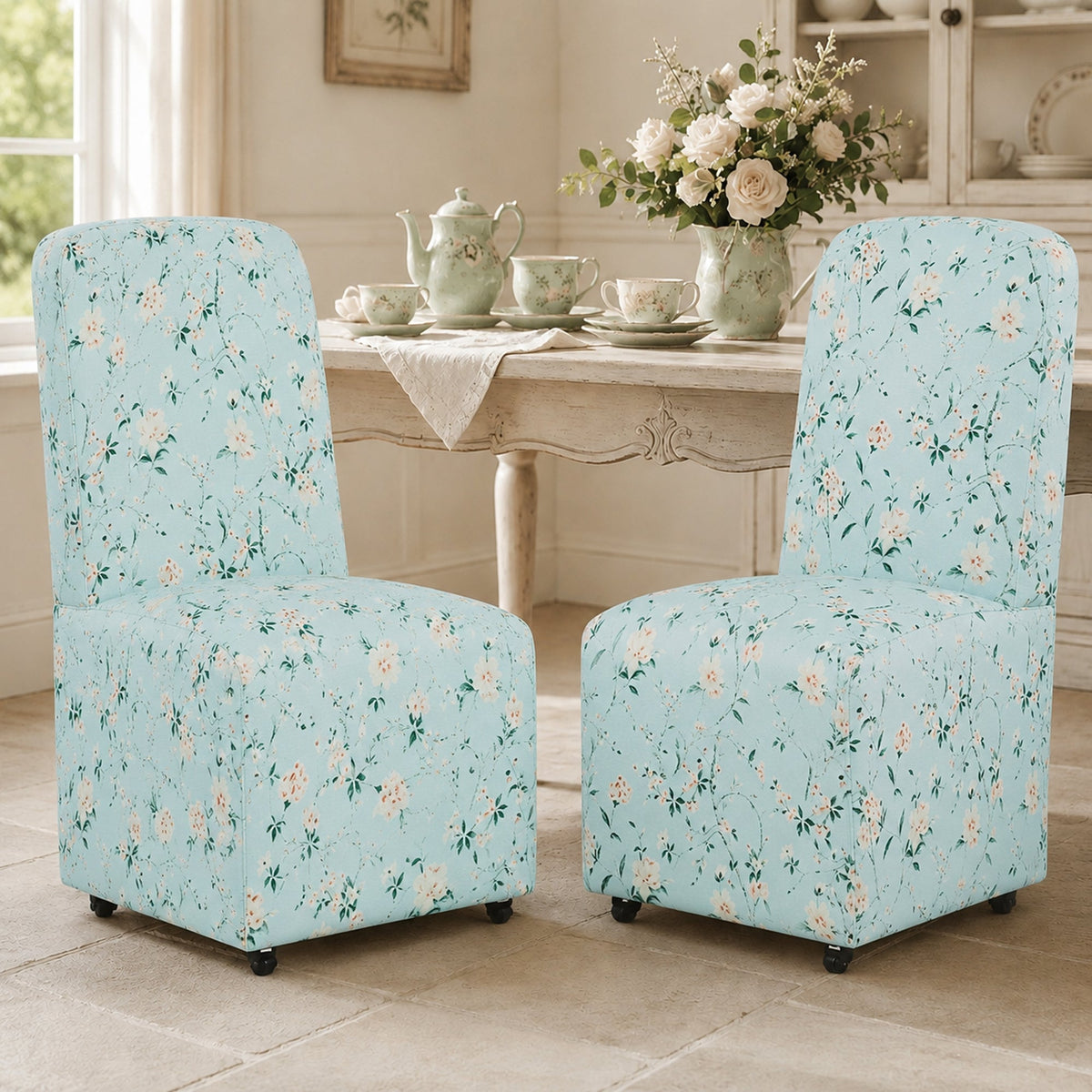 French Farmhouse Upholstered Dining Chair with Rounded Back, Caster Legs & Skirted Design