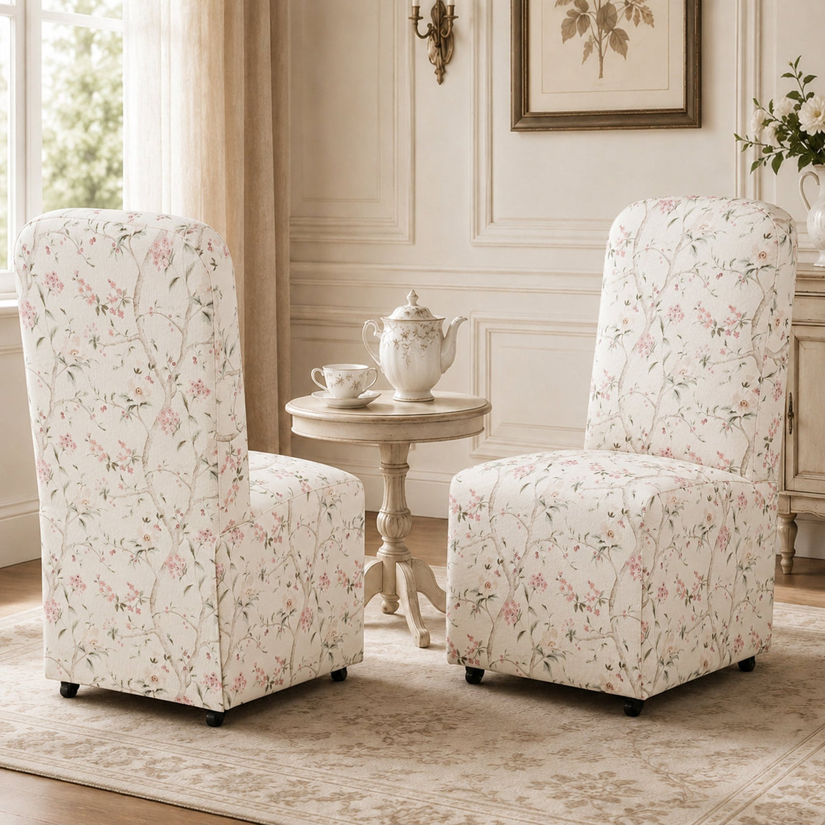 French Farmhouse Upholstered Dining Chair with Rounded Back, Caster Legs & Skirted Design