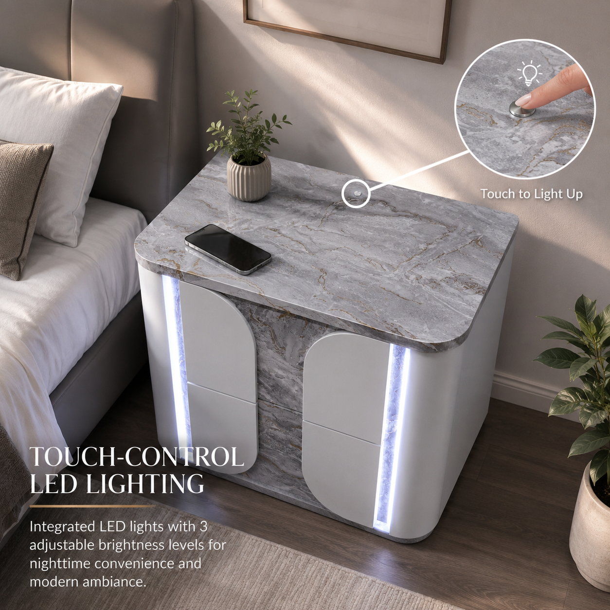 Contemporary Light Gray LED Nightstand with Faux Marble Finish & Touch-Control Lighting – Fully Assembled