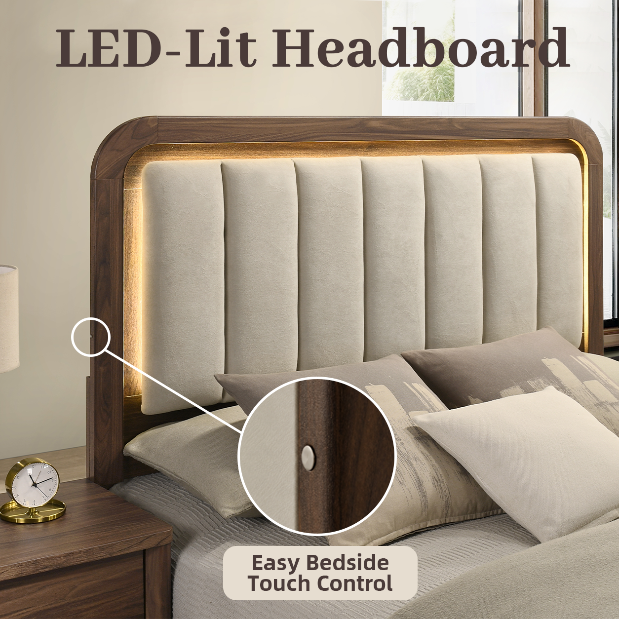 Mid-Century Modern Walnut 3-Piece Bedroom Set with Upholstered LED Platform Bed & 2 USB Charging Nightstands