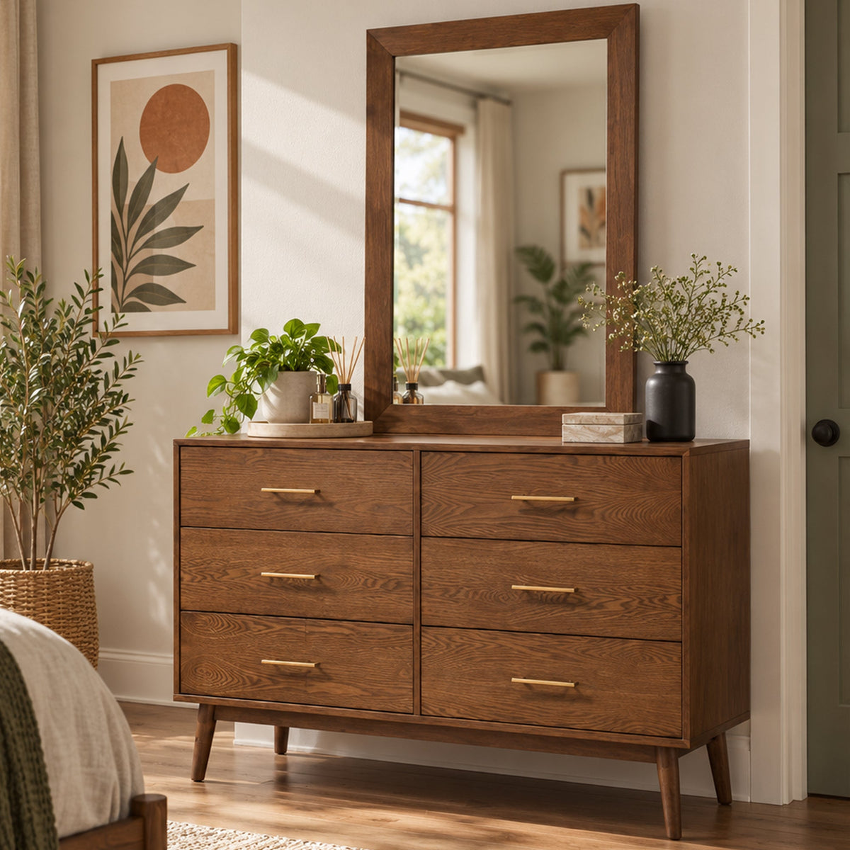 Mid-Century Modern 6-Drawer Dresser in Walnut with Optional Mirror