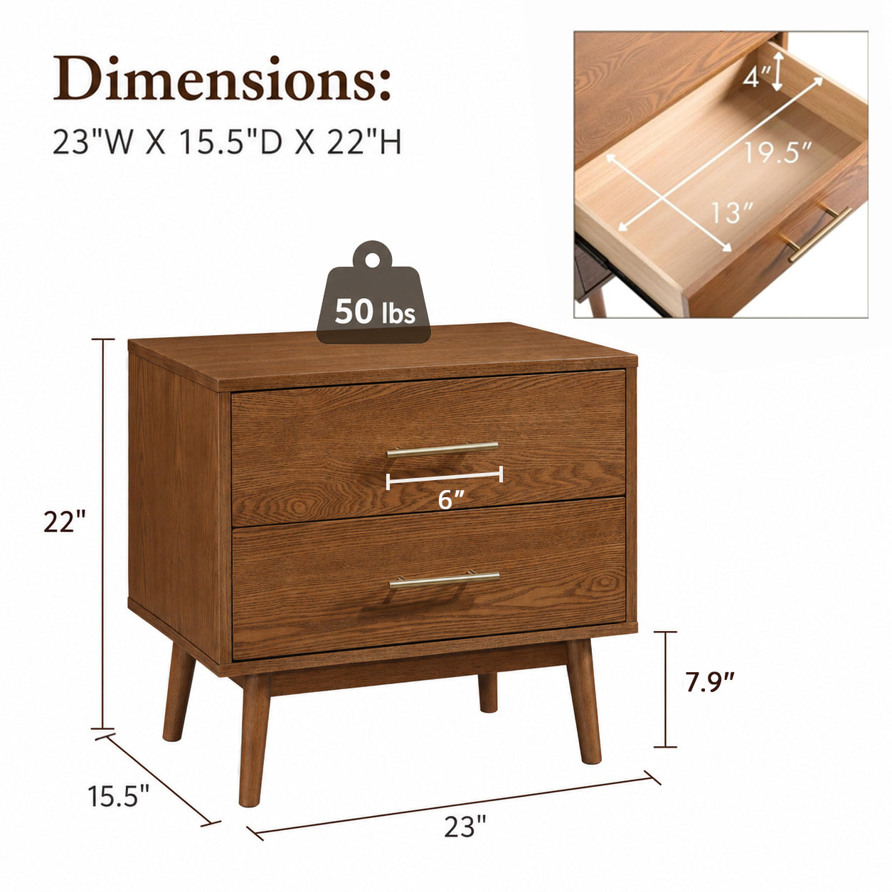 Fully Assembled Mid-Century Modern Walnut Nightstand with Tapered Legs & Nickel Bar Pulls