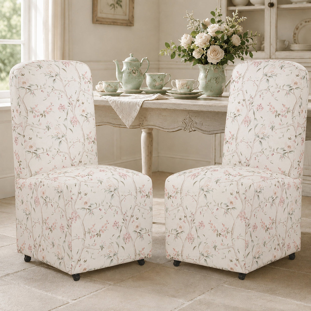 French Farmhouse Upholstered Dining Chair with Rounded Back, Caster Legs & Skirted Design