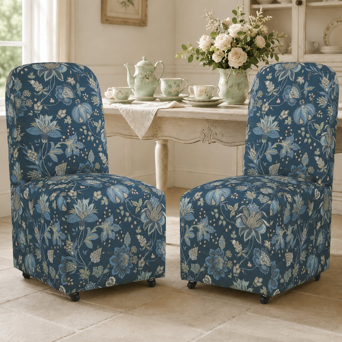 French Farmhouse Upholstered Dining Chair with Rounded Back, Caster Legs & Skirted Design