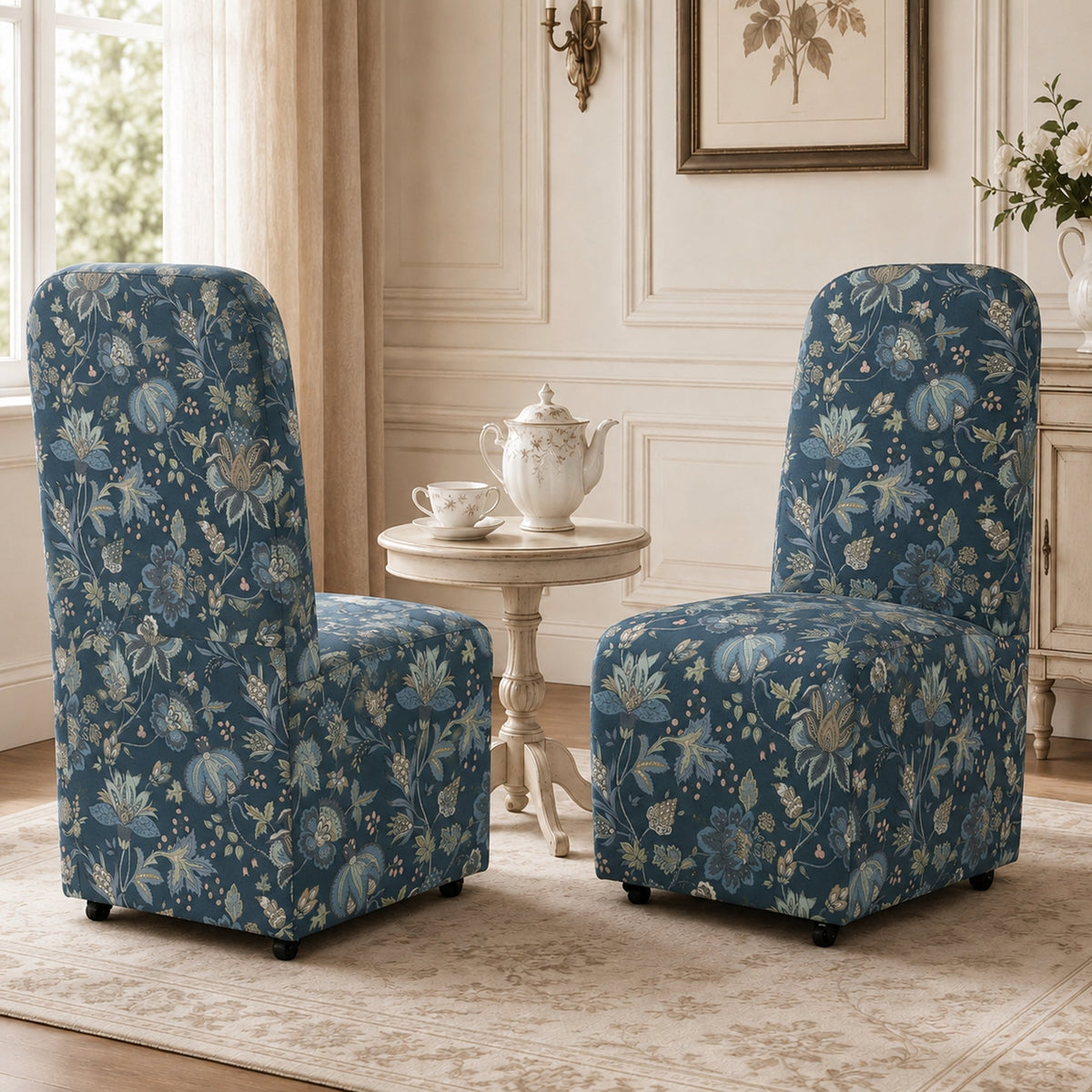 French Farmhouse Upholstered Dining Chair with Rounded Back, Caster Legs & Skirted Design