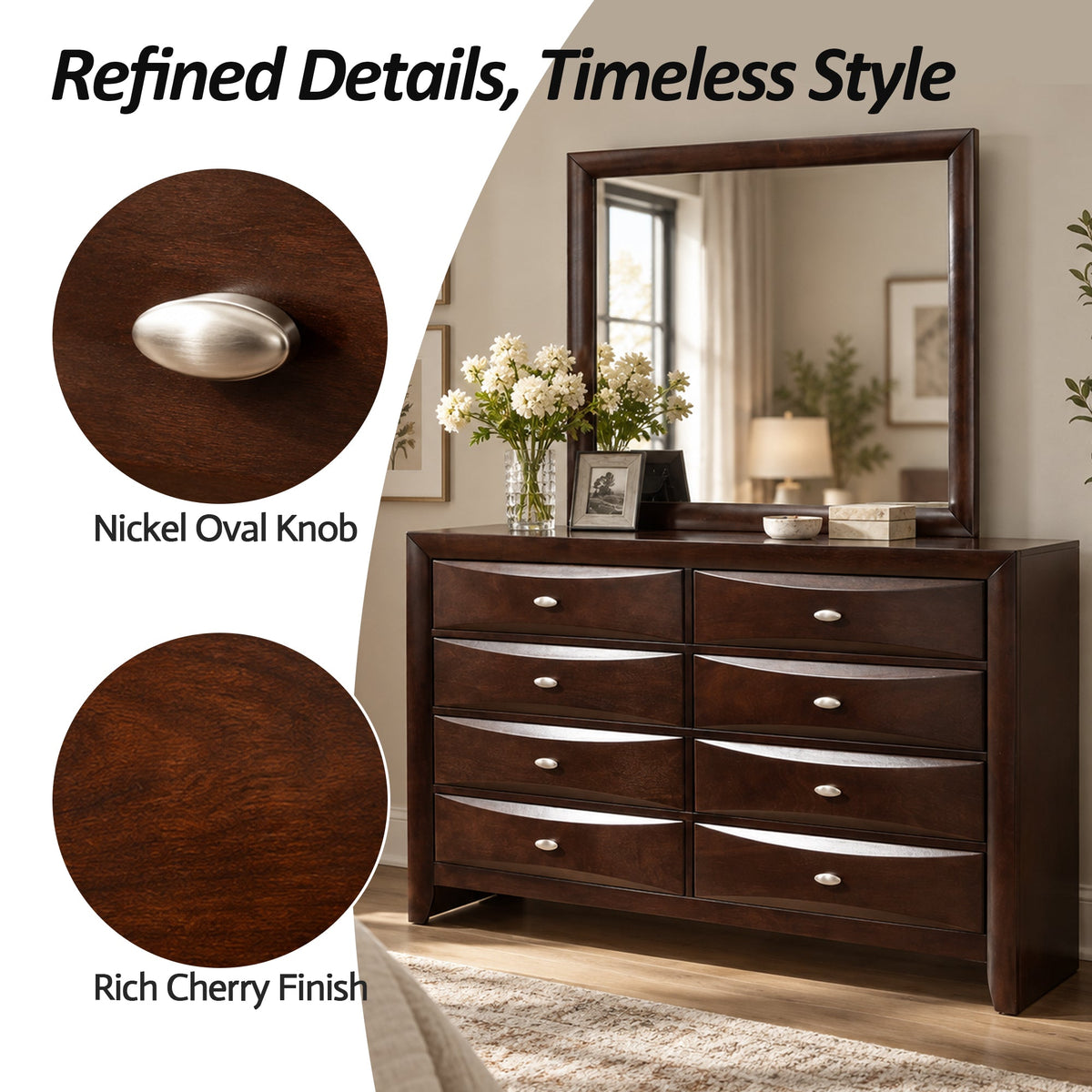 Transitional 8-Drawer Dresser with Solid Wood Construction – Optional Mirror