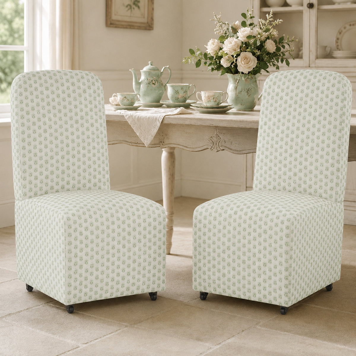 French Farmhouse Upholstered Dining Chair with Rounded Back, Caster Legs & Skirted Design