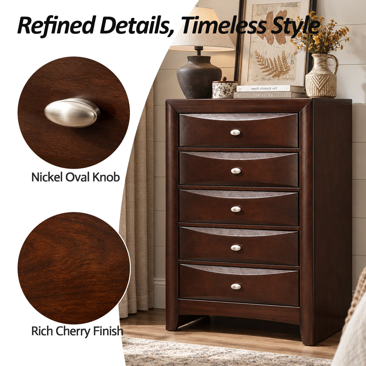 Transitional 5-Drawer Chest with Solid Wood Construction – No Assembly Required