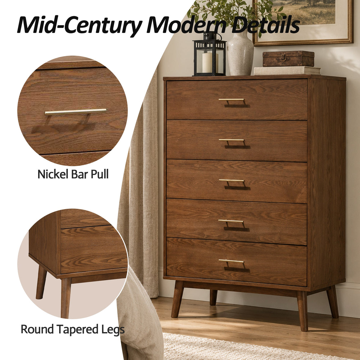 Mid-Century Modern 5-Drawer Chest in Walnut with Tapered Legs